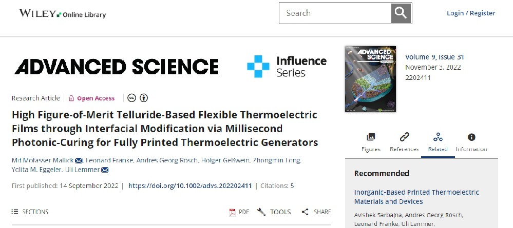 《Advanced Science》：通過毫秒光子燒結界面改性制備高品質因數(shù)碲化物基柔性熱電薄膜，用于全印刷熱電發(fā)電機（IF=15.17）